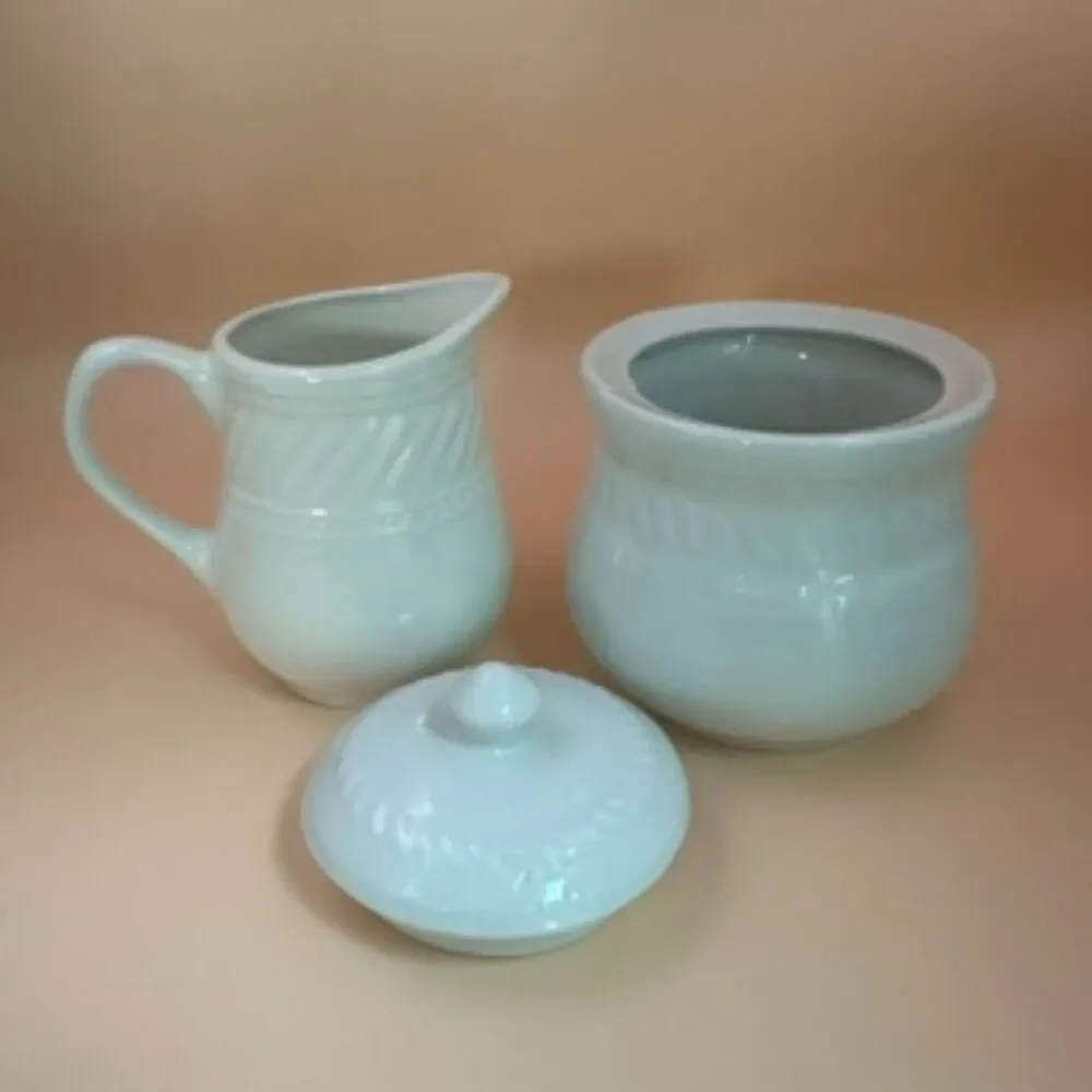 Gibson Imperial Braid White Creamer & Covered Sugar Bowl Set Vintage Farmhouse